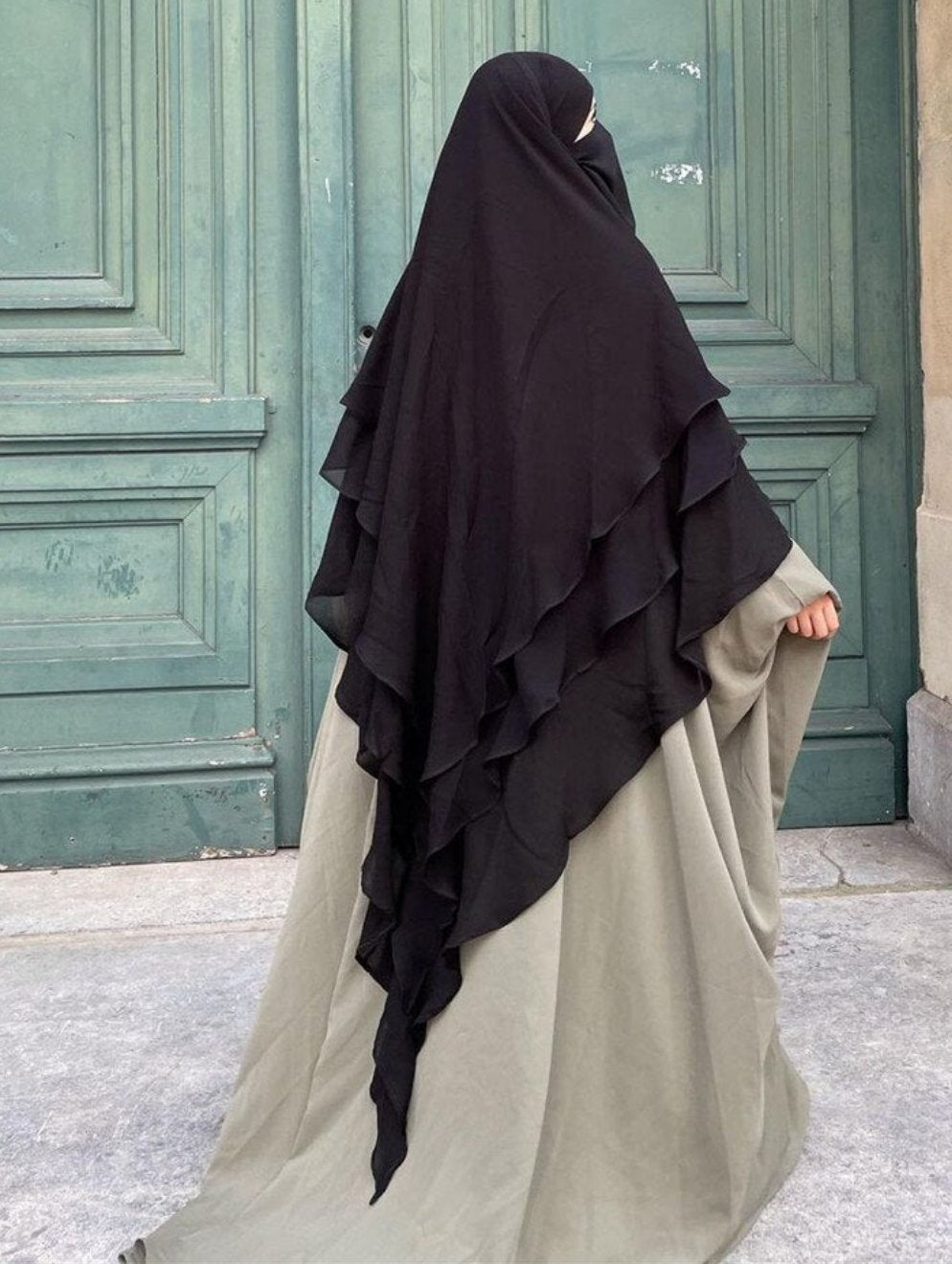 3 Layer Khimar Hijab Set with Niqab β Imported Chiffon, Free Size (Black)