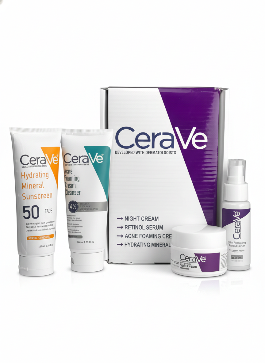 CeraVe Complete Skincare Combo Kit – SPF 50 Sunscreen, Acne Cleanser, Retinol Serum & Night Cream