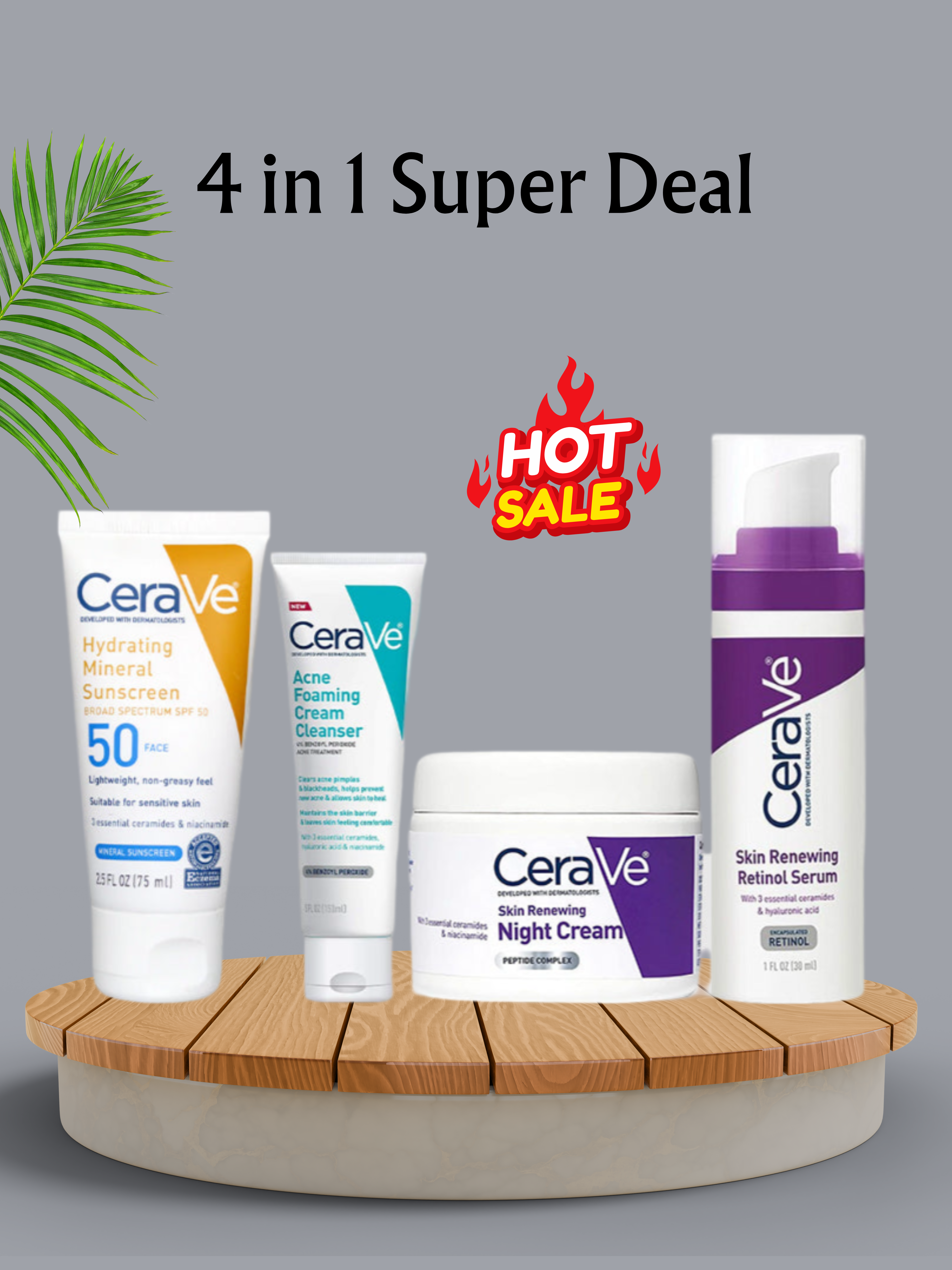 CeraVe Complete Skincare Combo Kit – SPF 50 Sunscreen, Acne Cleanser, Retinol Serum & Night Cream
