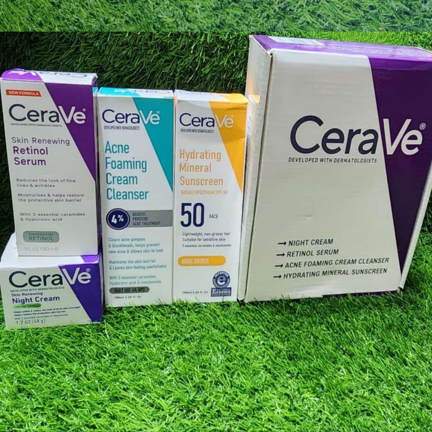CeraVe Complete Skincare Combo Kit – SPF 50 Sunscreen, Acne Cleanser, Retinol Serum & Night Cream